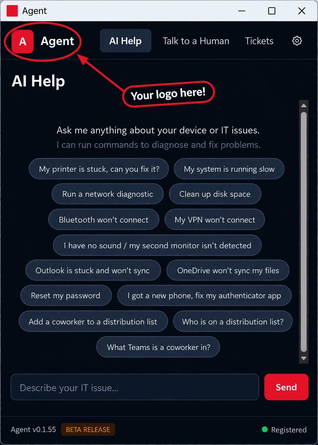 The Agent-X desktop app, branded as the MSP. The logo position in the top left is circled and labelled, your logo here.