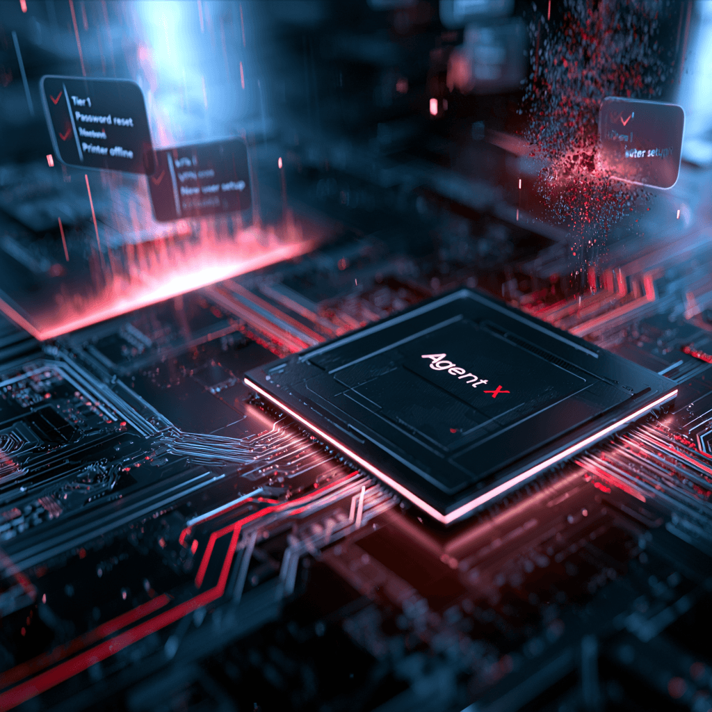 The Agent-X chip on a circuit board, resolving tier-one tickets as they rise