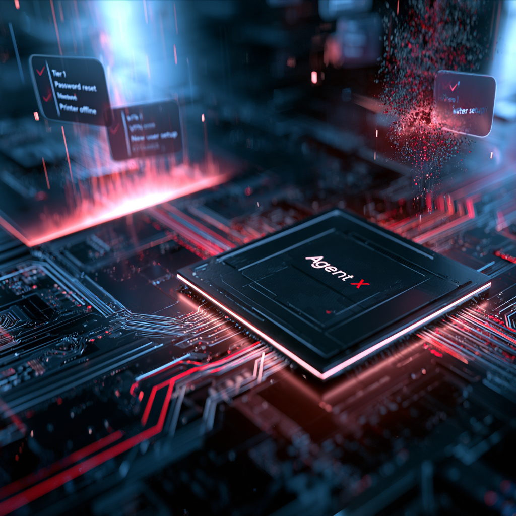 The Agent-X chip on a circuit board, resolving tier-one tickets as they rise